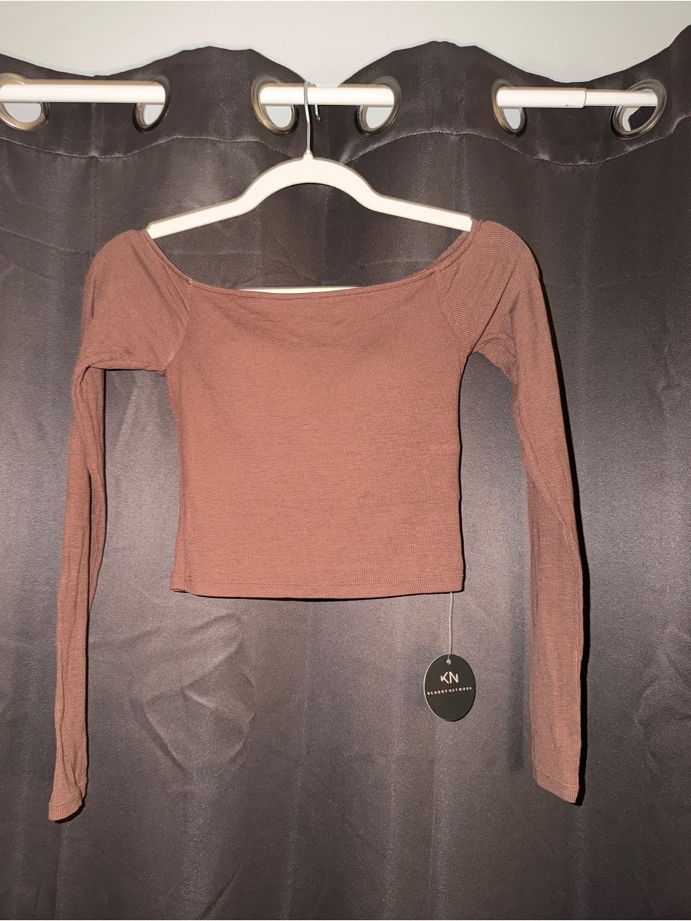 Klassy Network Off-Shoulder Long Sleeve Crop Top - Brown